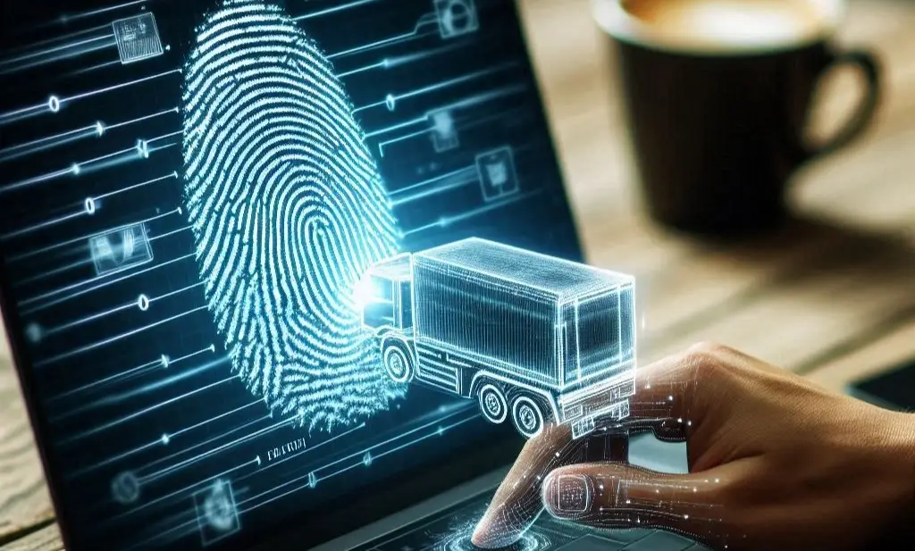 Laptop screen showing a truck arriving and a digital finger print: digital Identity Access Management.